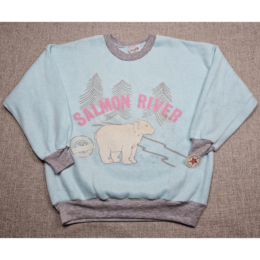 VINTAGE Polar Bear Sweatshirt Mens Small Blue Salmaon River Pullover USA 90s